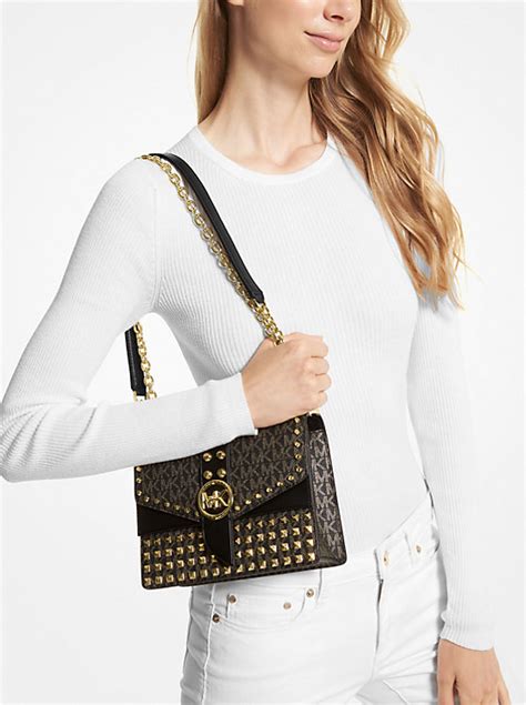 michael kors tin gold studded|Greenwich Small Studded Metallic Logo Crossbody Bag .